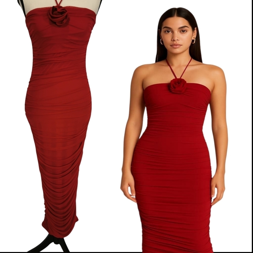 NWT Bobbles & Lace 'Not Your Girl' Ruched Bodycon Halter Midi Dress - Sz S